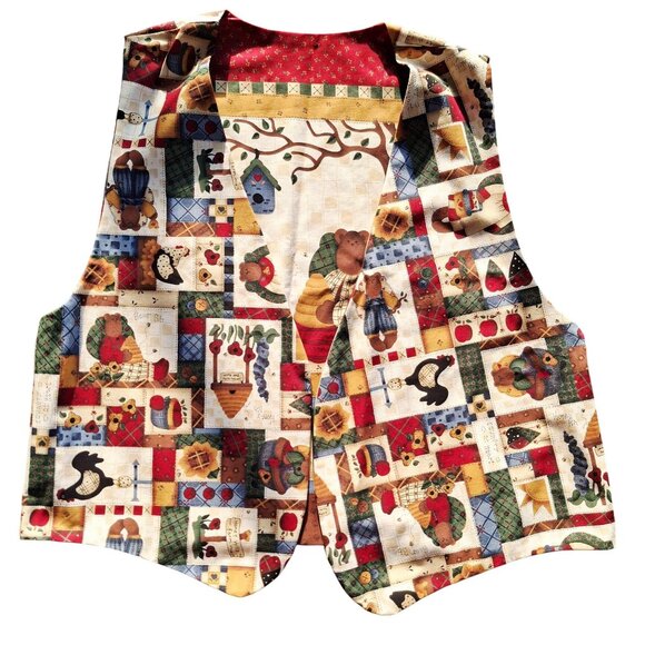 Vintage Quilted Patchwork Vest Handmade Country Bear Theme Size M Academia M - Picture 1 of 7